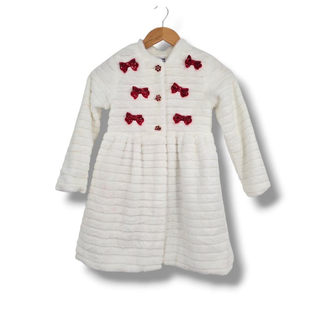 Blueberi Boulevard Girls White Faux Fur Dress Coat Red Sequin Bows Size 8